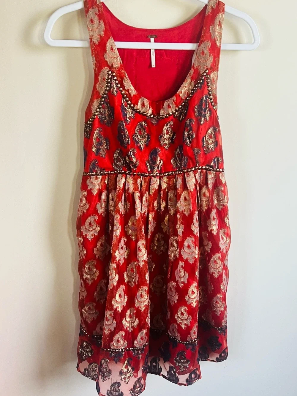 Free People Red Embellished Sleeveless Mini Dress Bohemian